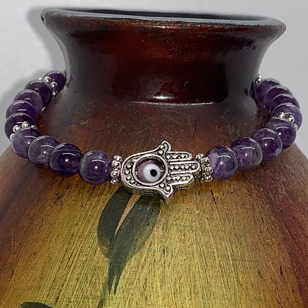 Amethyst with hamsa + evil eye beaded bracelet